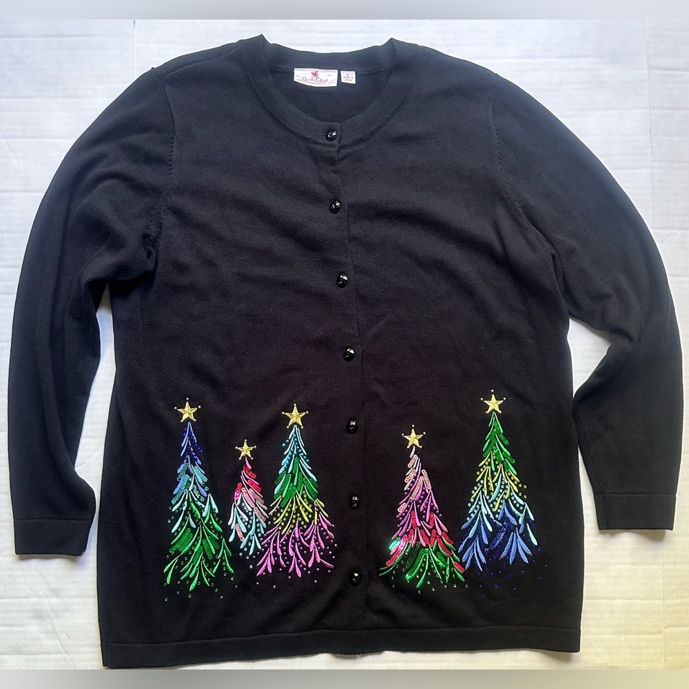 Women’s black and multicolored  festive Quaker Factory Cardigan Size L